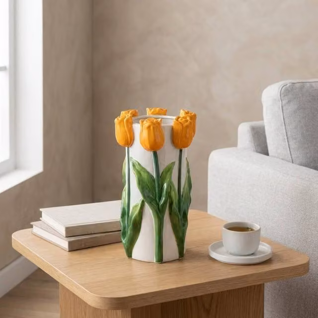 Garden Greatness Orange Tulip 3D Ceramic Statement Vase, Multicolour, H 23.5 cm x W 14.2 cm x D 13.2 cm