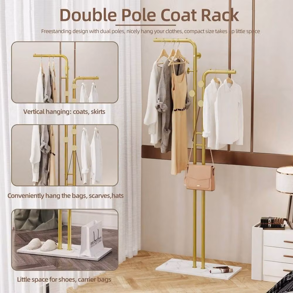 KORVIXA Gold and White Metal Dual Pole Coat Rack Post Tree, H 176 cm x W 30 cm x D 30 cm – 2