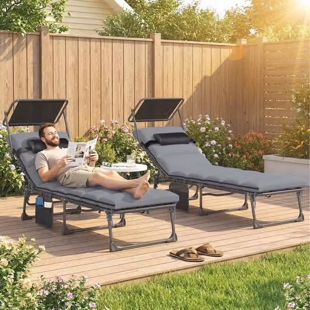 Outsunny Folding Sun Loungers with Canopy and Weatherproof Cushion in Light Grey