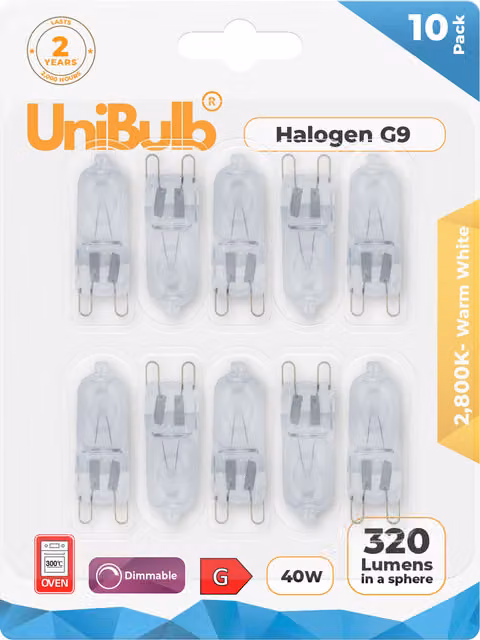 UniBulb G9 Halogen Capsule Bulb, 40W, 320lm, 2800K Warm White, Transparent Glass, Pack of 10