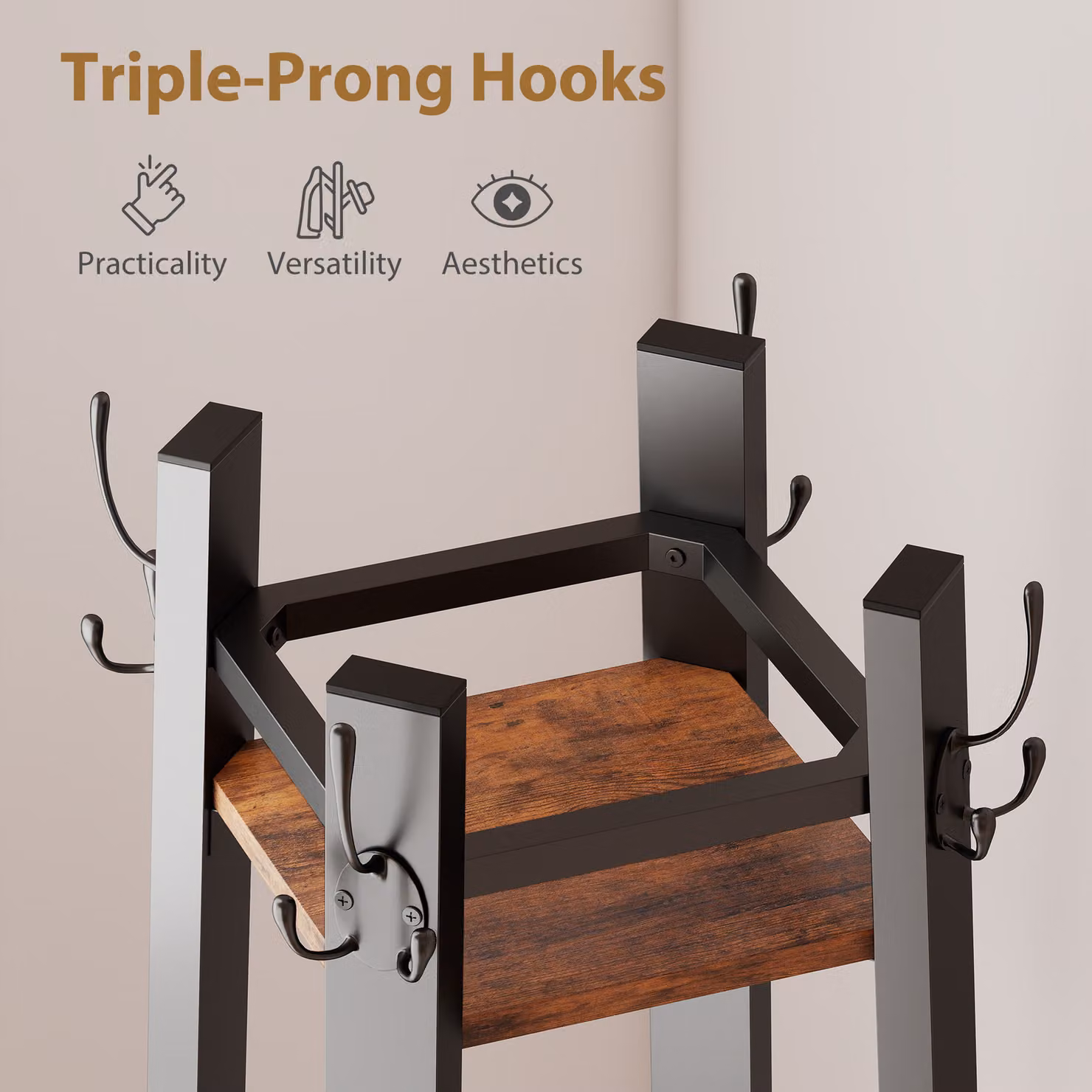 HOMCOM Industrial Coat Stand with 8 Hooks and 4 Shelves in Rustic Brown and Black – 4