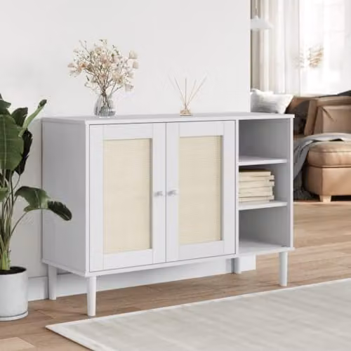 vidaXL SENJA Sideboard in White Lacquered Solid Pine Wood with Rattan Look, W/D/H: 112 x 40 x 80 cm – 2