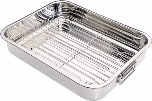 KitchenCraft Stainless Steel Roasting Dish with Rack, Silver, W: 35 cm, D: 28 cm, H: 6.5 cm – 1