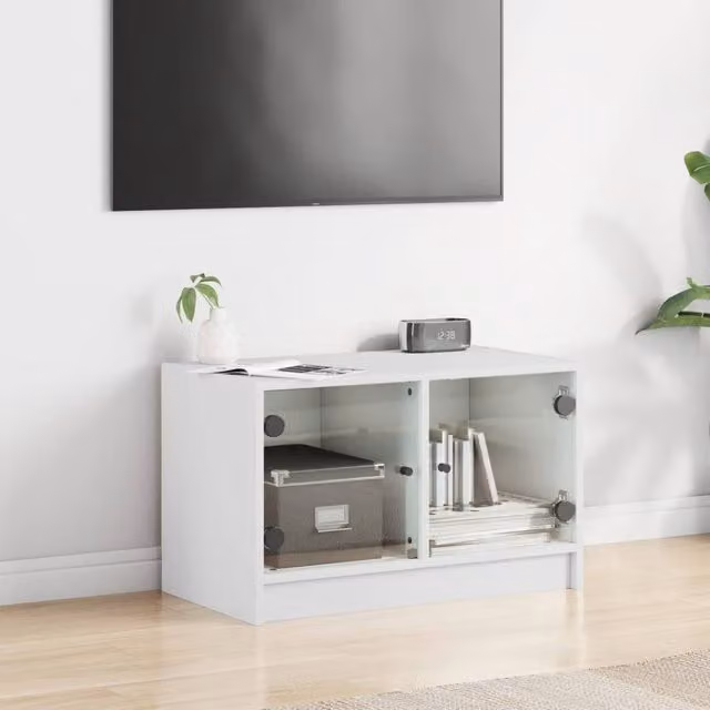 Berkfield Home Modern White TV Cabinet with Glass Doors, W/D/H: 68 x 37 x 42 cm – 1