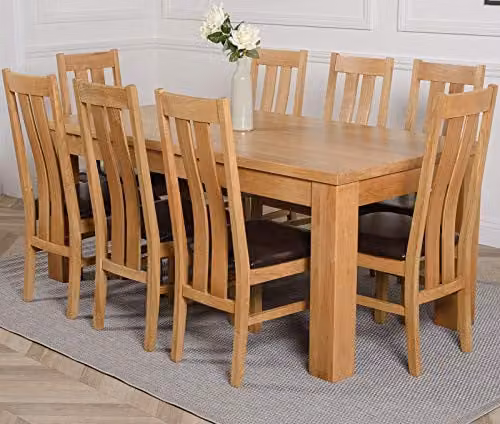 Oak Furniture King Dakota Solid Oak 8 Seater Dining Set with Princeton Upholstered Leather Chairs in Natural Finish, W: 182 cm, D: 92 cm – 1