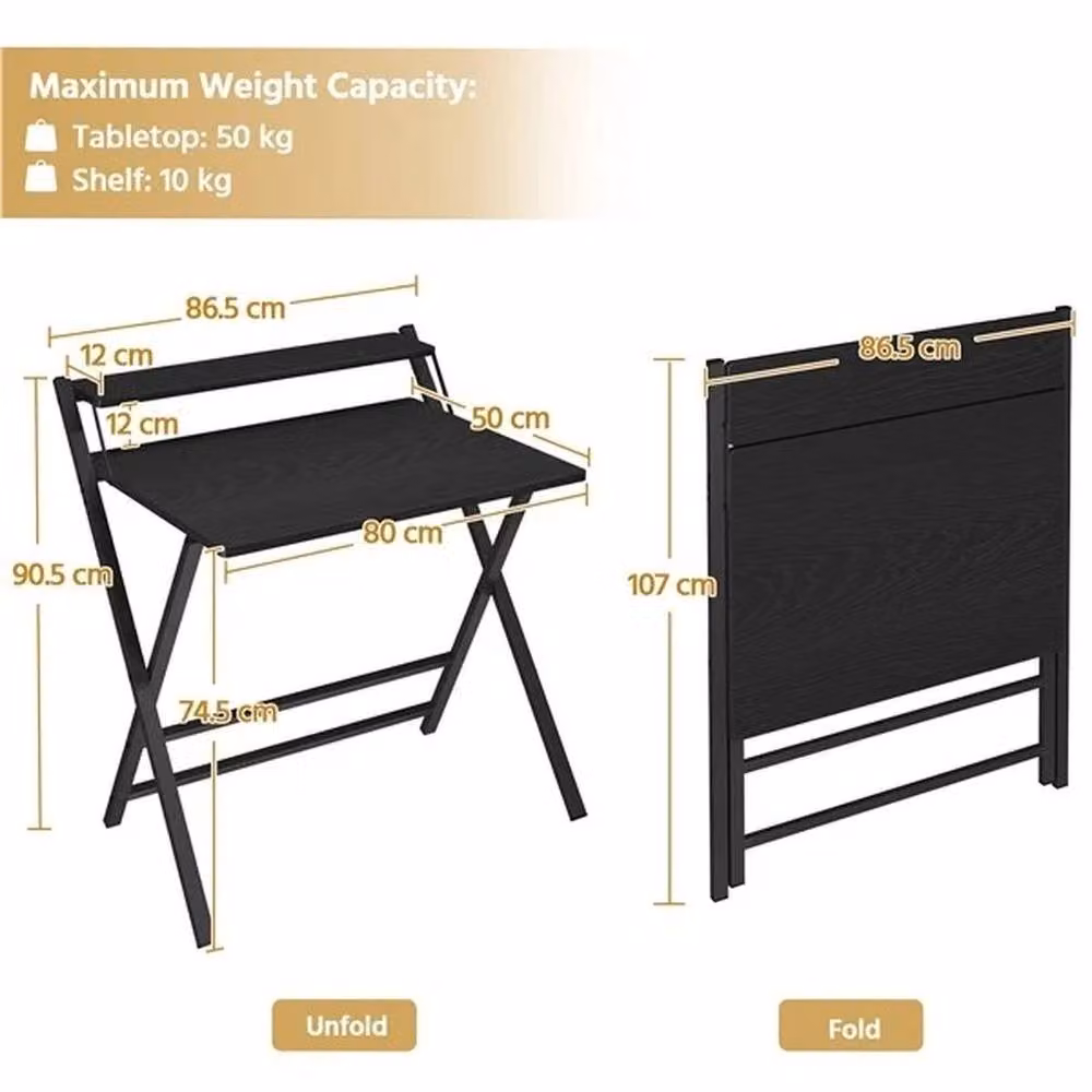 KORVIXA Foldable Computer Desk in Black with Monitor Shelf, W/D/H: 90.5 x 60.5 x 60.5 cm – 2