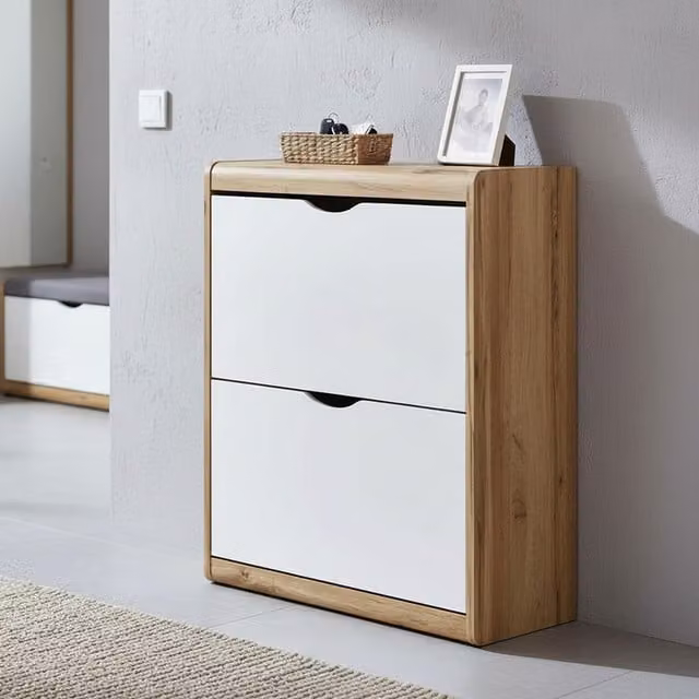 Timber Art Design UK Modern White Shoe Cabinet with Tilting Compartments and Internal Drawers, W/D/H: 60 x 24 x 79 cm