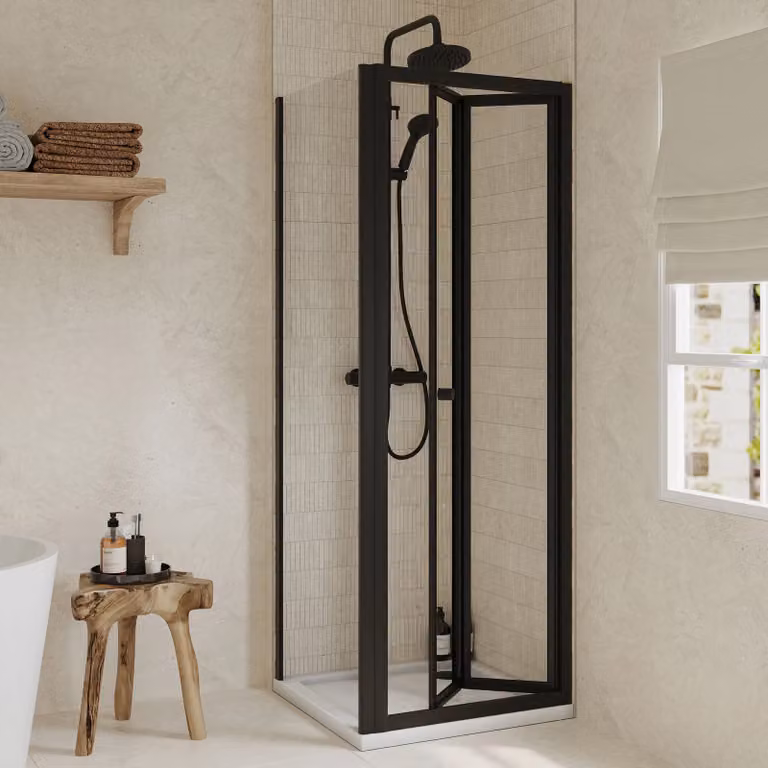 Balterley Ruwa Square Corner Shower Set with Bi-Fold Door, Side Panel and Tray, Black, W/D: 700 x 700 mm