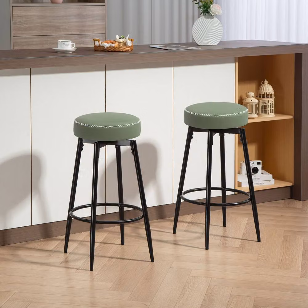 STILVORA Set of 2 Modern Green Faux Leather Swivel Bar Stools with Metal Frame – 2