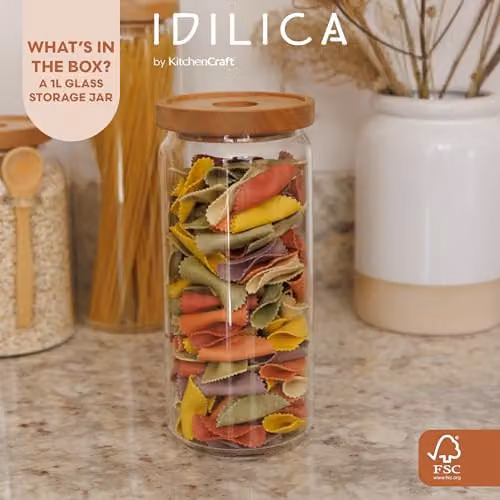 KitchenCraft Airtight Glass Storage Jar with Beechwood Lid, 1000ml, Transparent – 2