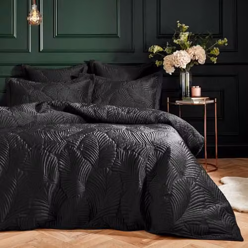 Paoletti Palmeria Quilted Velvet Duvet Cover and Pillowcase Set, Black, W/D/H: 180 x 200 cm