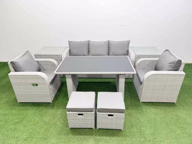 Fimous 7-Seater Outdoor Rattan Garden Furniture Dining Set with 2 Side Tables in Light Grey