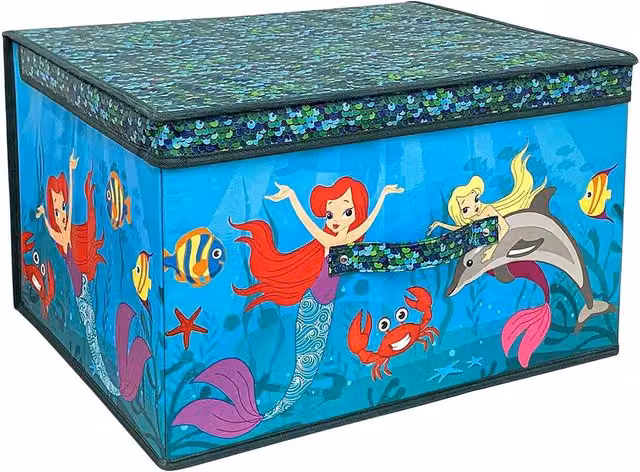 The Magic Toy Shop Large Foldable Kids Toy Storage Box with Lid, Mermaid Design, Multicolour and Blue Fabric