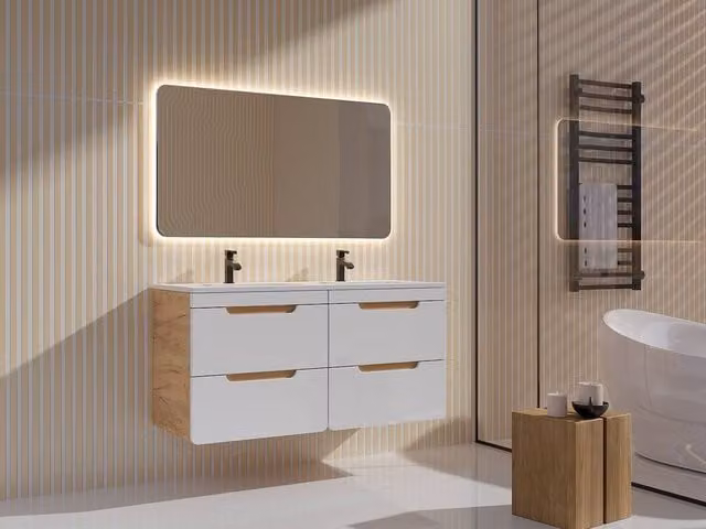 Vente-unique Wall-Mounted Bathroom Vanity with Built-In Basin in Light Oak and White