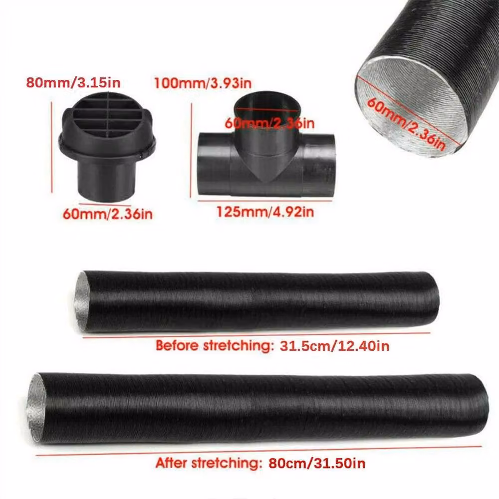 FLAVORA 60mm Diesel Heater Ducting T-Piece Air Outlet Vent Hose Clips Kit, Black – 6