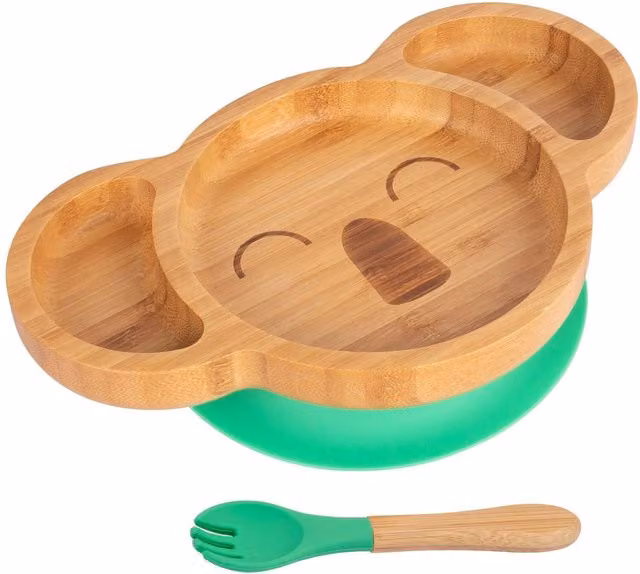 Tiny Dining Bamboo Koala Baby Weaning Plate and Fork Set in Green