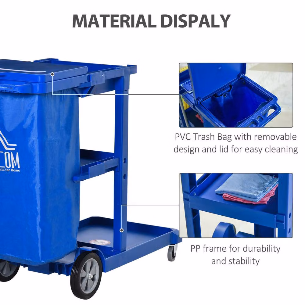 STILVORA Cleaning Trolley with Shelves, Hooks and Bin in Blue – 6