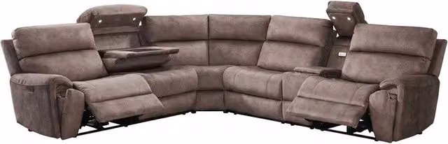 Furnishings For Less UK Valtos 5 Seater L-Shape Electric Reclining Corner Sofa in Brown Fabric with USB Charging and Cup Holders – 5