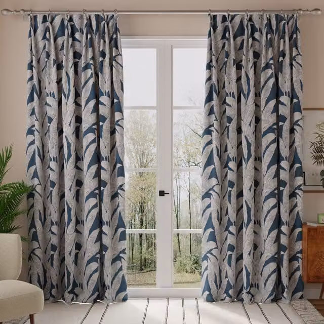 Linda Barker Evergreen Leaf Made to Measure Blue Floral Cotton Curtain Panel