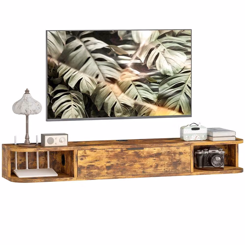 HOMCOM Rustic Brown Floating TV Unit with Flip Drawer and Shelves, Width: 120 cm – 2