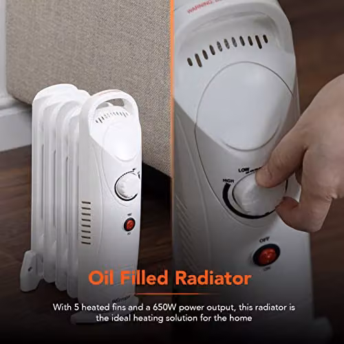 Warmlite 5 Fin Freestanding Oil Filled Radiator with Adjustable Thermostat and Overheat Protection, 650W, White – 2