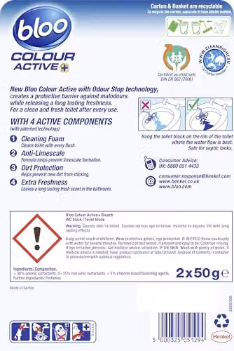 Bloo Colour Active Bleach Toilet Rim Blocks with Anti-Limescale and Odour-Stop Technology, Blue, Pack of 2 – 2