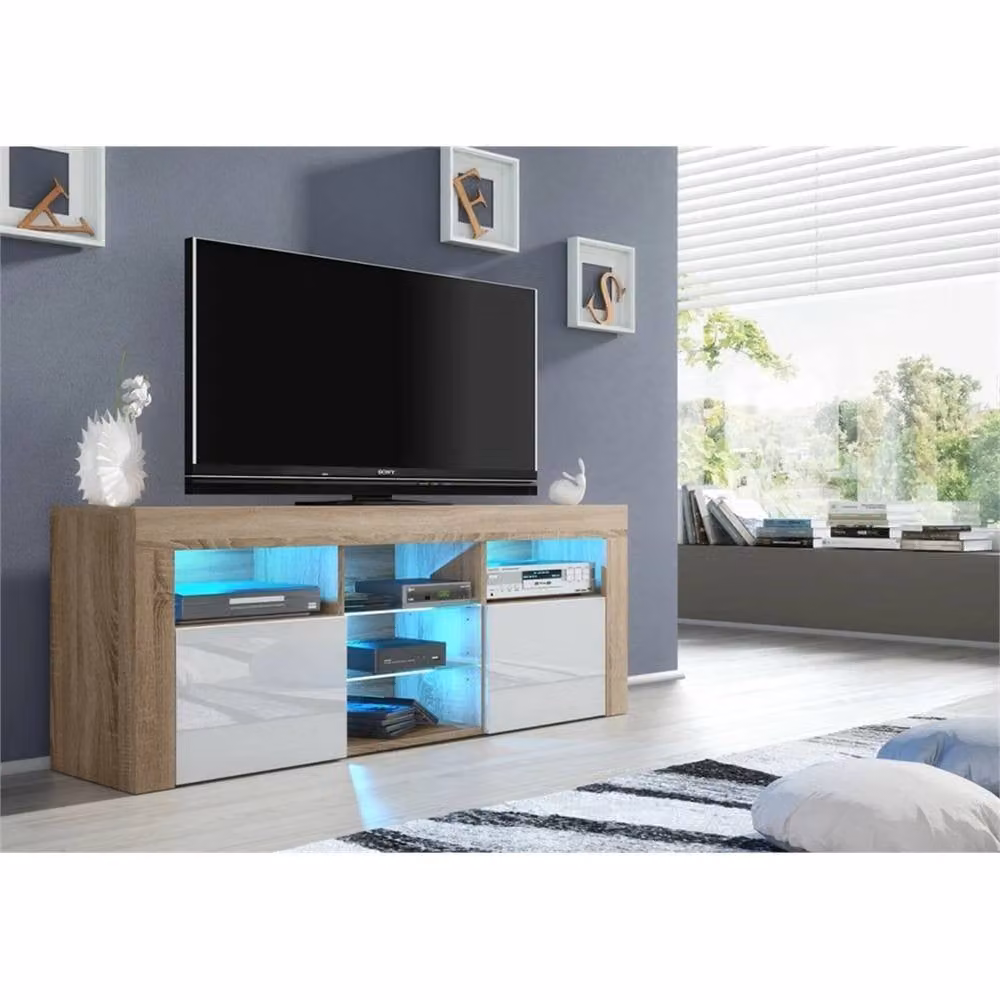 PAWNORA Modern TV Unit with Oak Matt Body and White Gloss Doors in Brown – 1