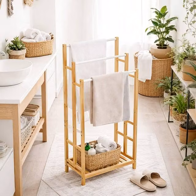 VOGREX Freestanding Extra Long Towel Drying Stand and Holder Rack in Brown Bamboo and Stainless Steel – 1