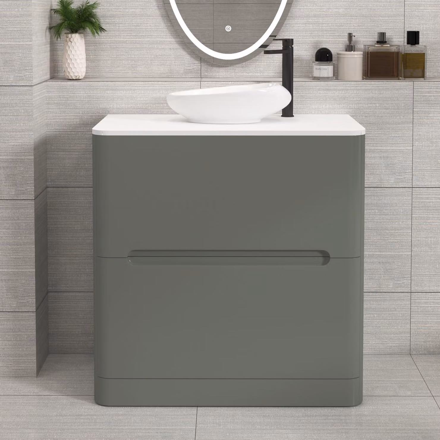 Royal Bathrooms Venice 800mm Sage Green Floor Standing Vanity Unit with 2 Drawers, Plain White Worktop and Nova Basin