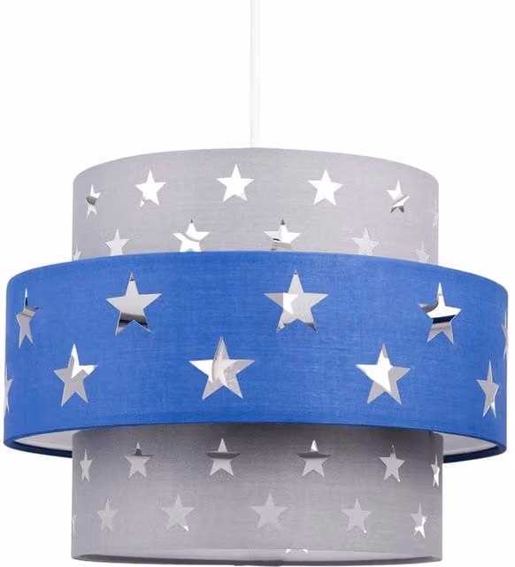 First Choice Lighting Navy Blue and Grey Star Two Tier Fabric Cylinder Lamp Shade