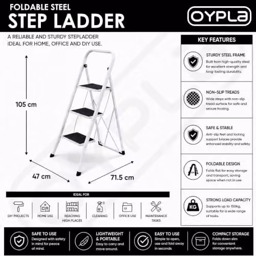 Oypla 3 Step Foldable Steel Stepladder in White – 2