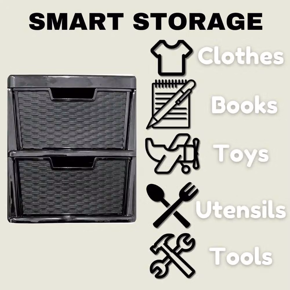 FLAVORA Large 2 Drawer Rattan Style Plastic Storage Unit in Black, W: 50 cm, D: 50 cm, H: 50 cm – 3