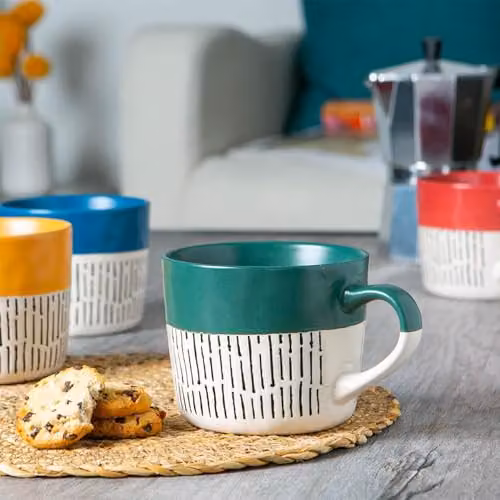Nicola Spring Dipped Dash Stoneware Coffee Mugs, 475ml, Green, Pack of 2 – 3