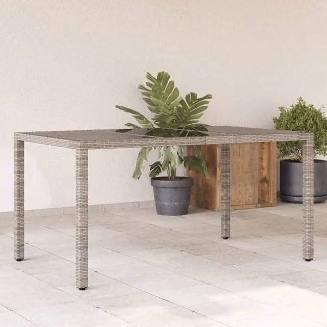 Berkfield Home Grey Poly Rattan Garden Table with Glass Top, W/D/H: 150 x 90 x 75 cm