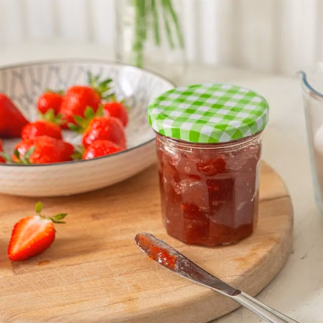 Argon Tableware Glass Jam Jars with Green Gingham Checked Lids, 250ml, Pack of 12