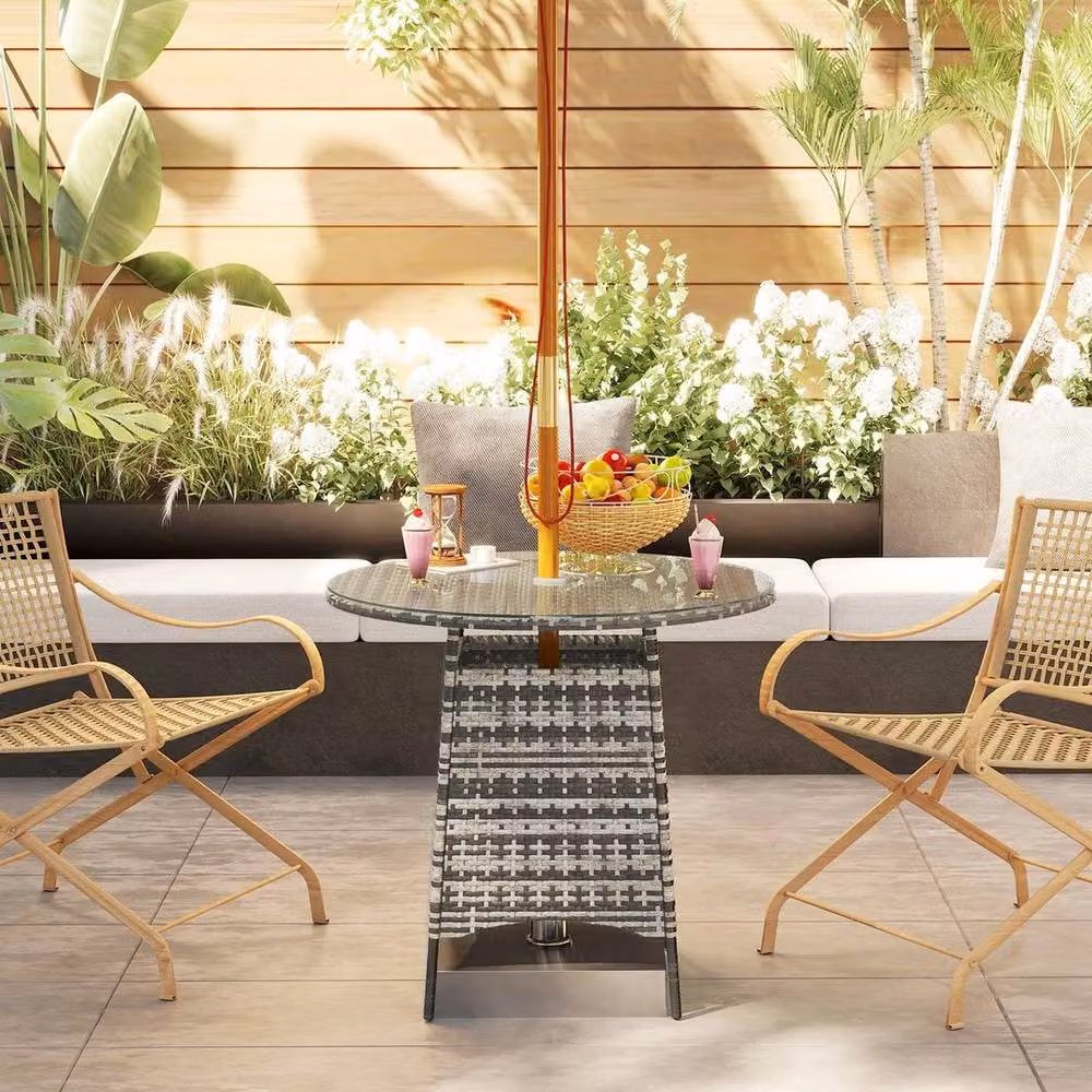 FLAVORA Modern Round Polyrattan Garden Table in Grey – 5