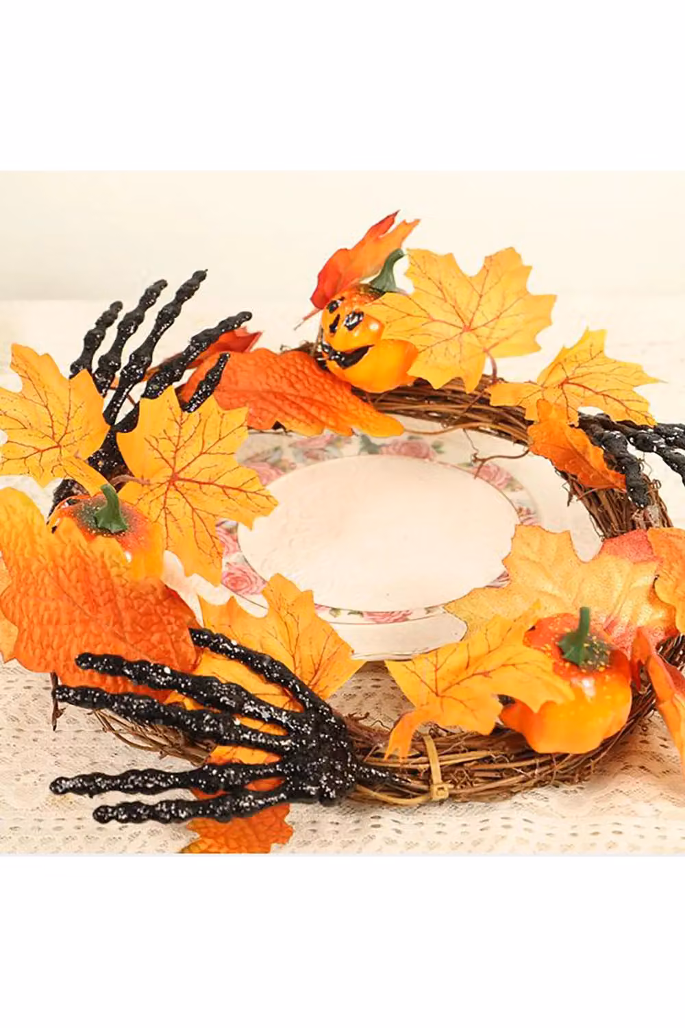 Living and Home Orange and Black Halloween Wreath with Pumpkin and Creepy Hand Door Hanging Decoration, Diameter: 40 cm – 2