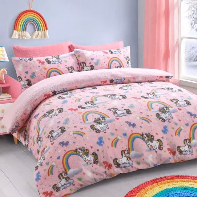 VELOSSO Unicorn Animal Fleece Duvet Cover and Pillowcase Set, Pink Multicolour, W/H: 90 x 200 cm