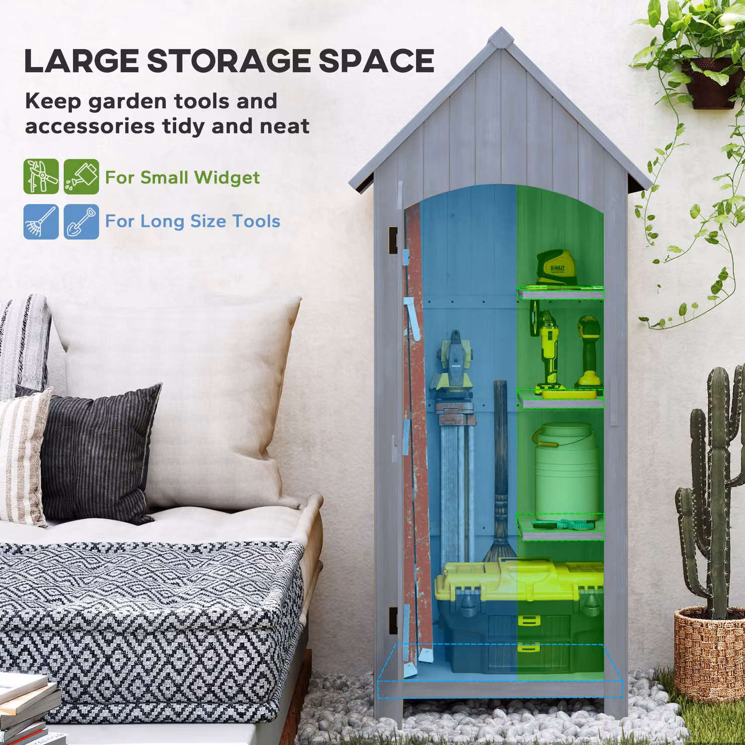 Outsunny Grey Wooden Garden Storage Shed with 3 Shelves and Lockable Single Door, W/D/H: 77.5 x 54.2 x 179.5 cm – 4