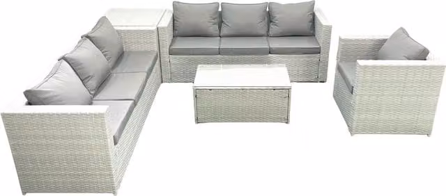 Fimous Wicker PE Rattan Garden Furniture Set in Light Grey with Armchair, Oblong Coffee Table and Side Table