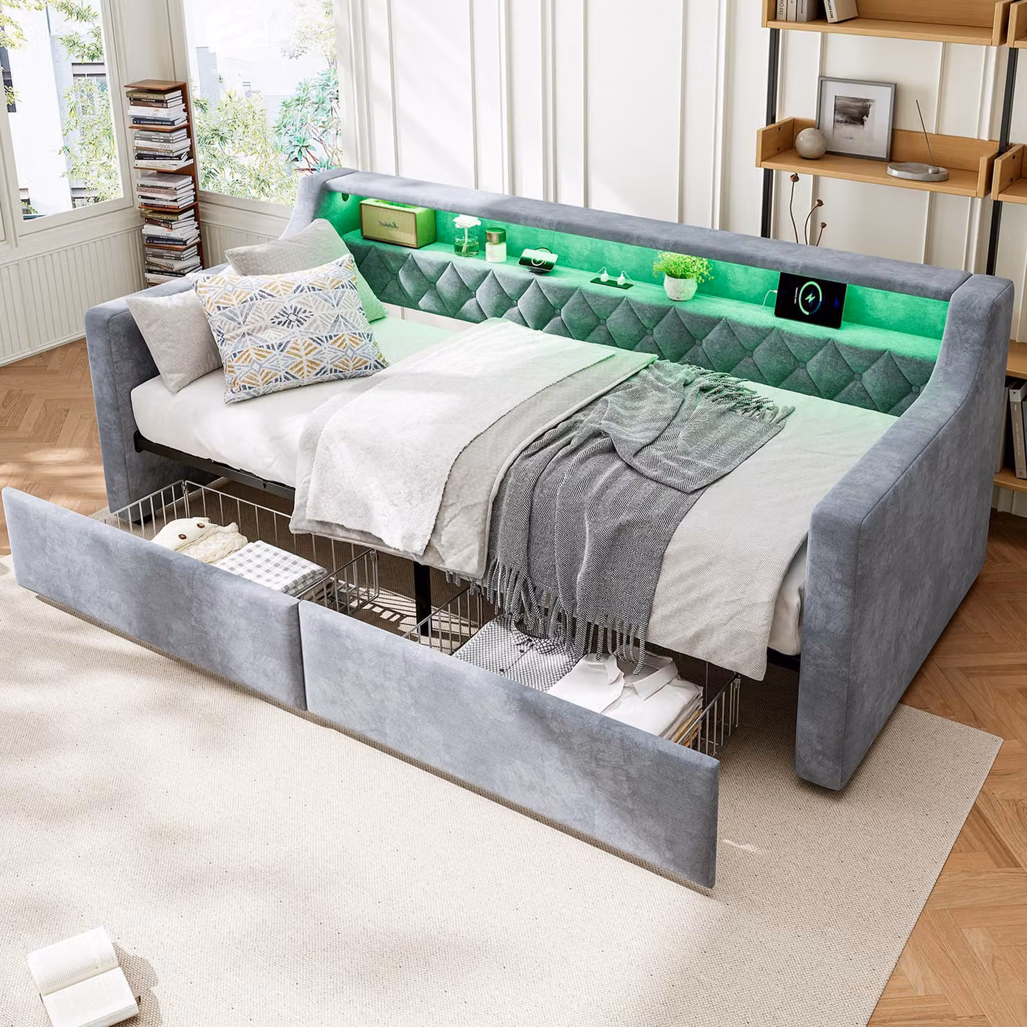 Aosom.UK Grey Velvet Upholstered Single Sofa Bed with 2 Drawers, Under-Bed Light Strip and USB Charging Port, L x W x H: 206 x 104 x 74 cm – 4