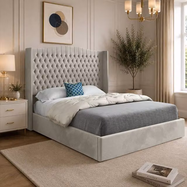 Casani Rousdon Winged Upholstered Designer Bed Frame in Beige Velvet, Small Single