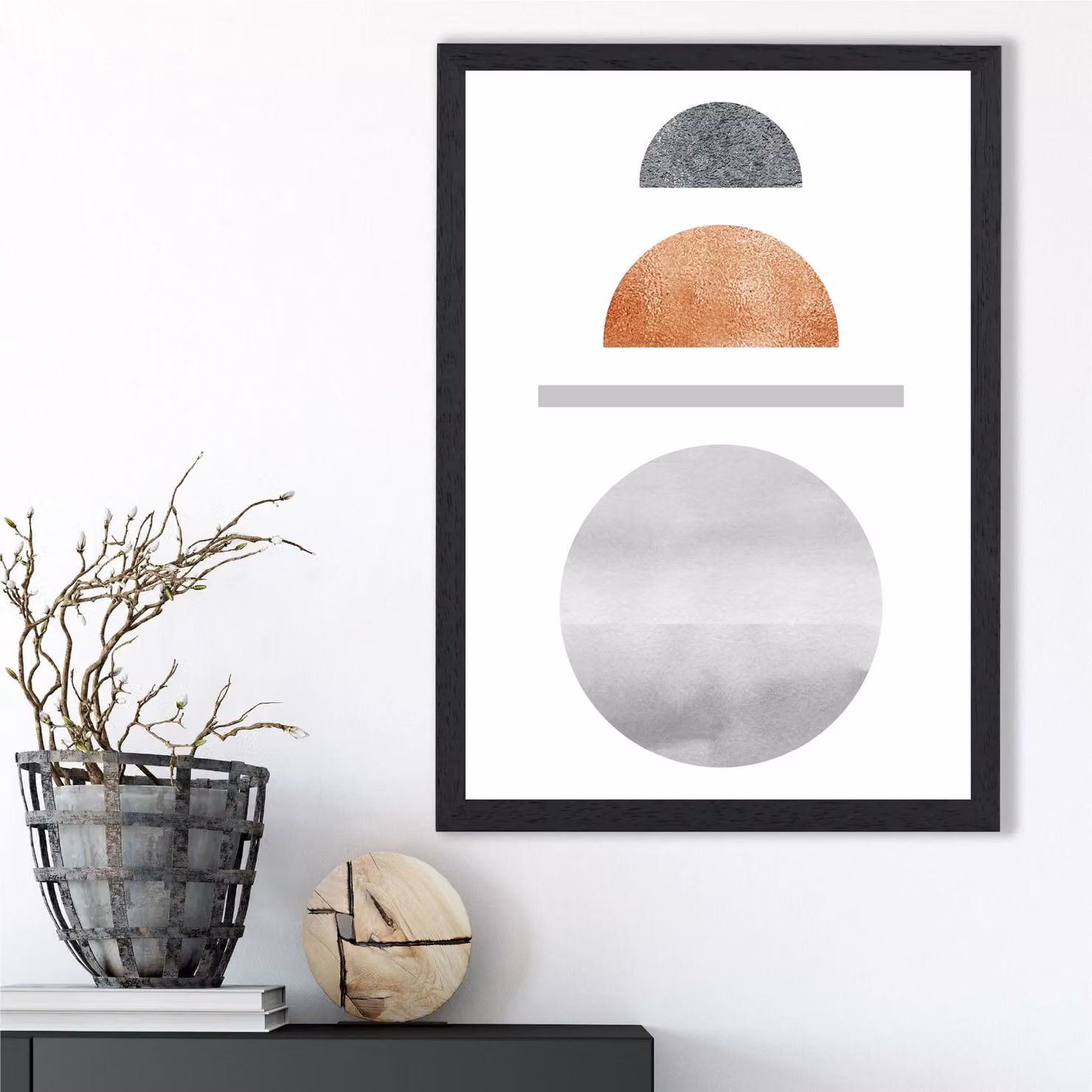 ARTZE Mid Century Geometric Framed Print, Copper and Grey Abstract Semi Circles, Black Frame, A4 (21.0 x 29.7 cm) – 2