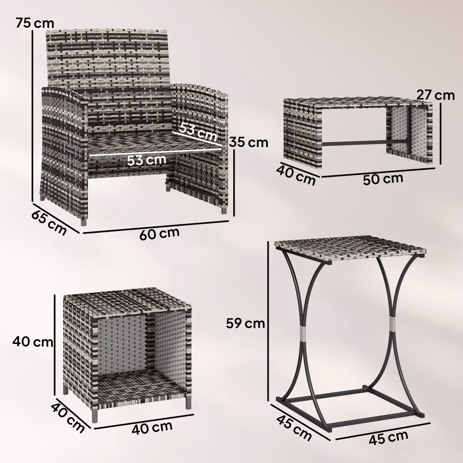 Outsunny 6 Piece Grey Rattan Garden Furniture Set with Nesting Tables, Chairs, Stools and Cushions – 3