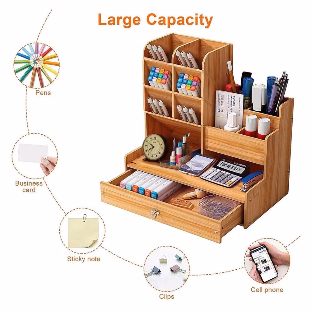 FORGEVIO Multi-Compartment Office Study Desk Organiser in Brown Walnut, W: 50 cm – 2