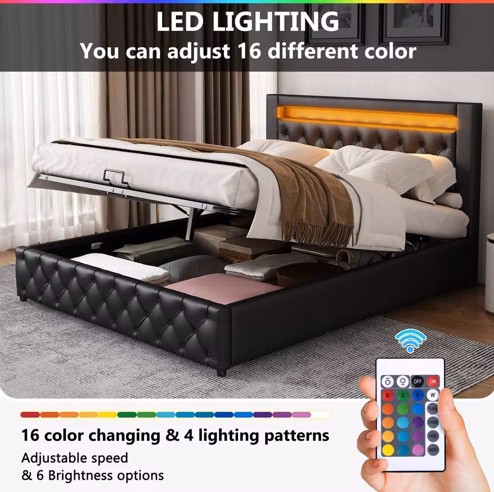 STILVORA Modern Upholstered Double Bed in Black Synthetic Leather with Storage and LED Under-bed Lighting, W/D/H: 135 x 190 cm – 5