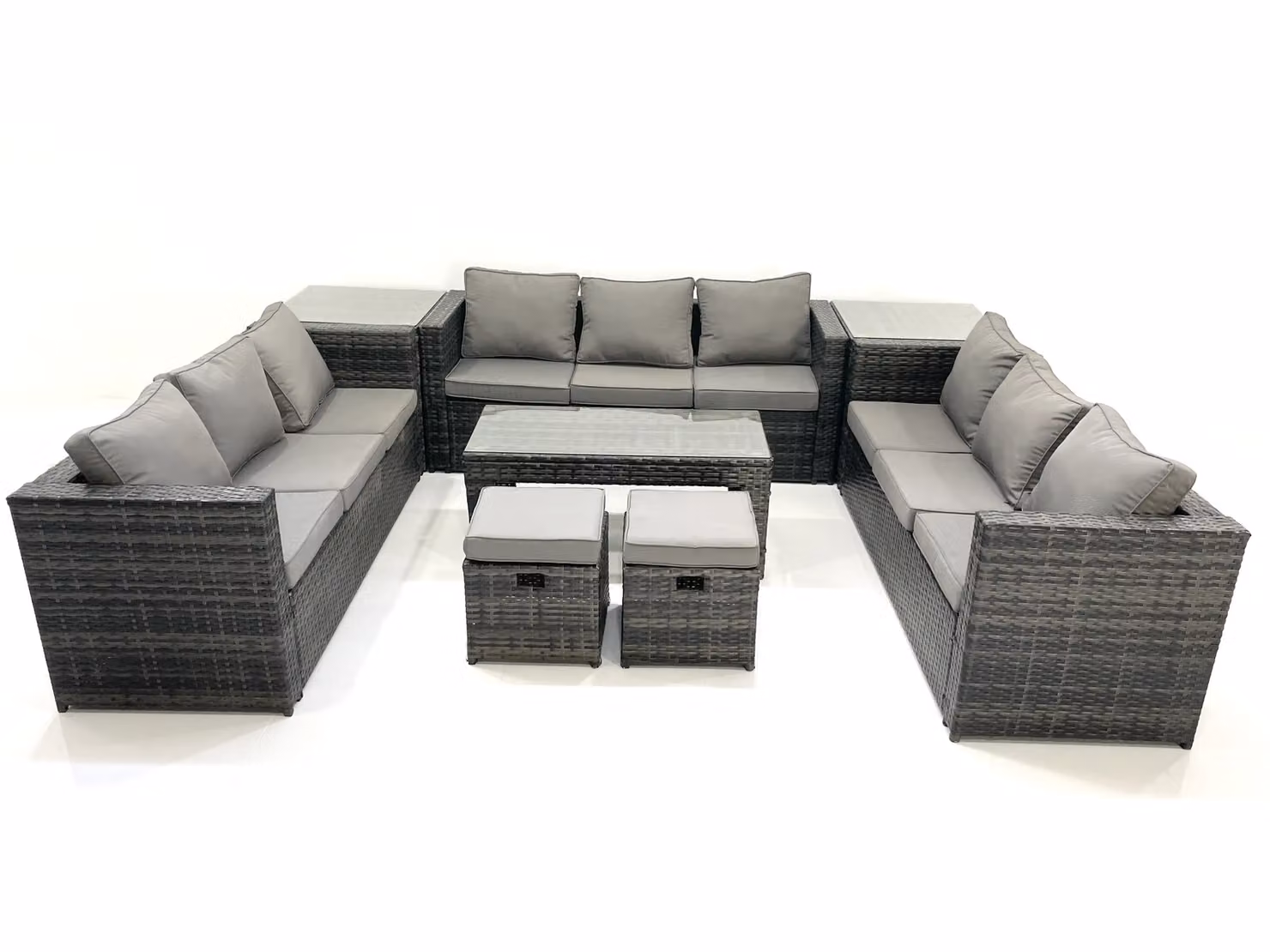 Fimous 11 Seater Rattan Garden Furniture Set in Dark Grey with Coffee Table, 2 Footstools and 2 Side Tables – 2