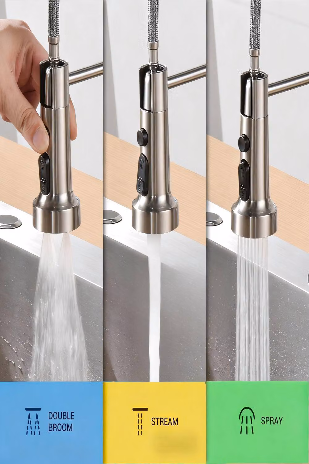 JANLEMNY Spring Kitchen Mixer Faucet with Pull Out Sprayer and 3 Spray Modes in Silver Brushed Nickel – 2