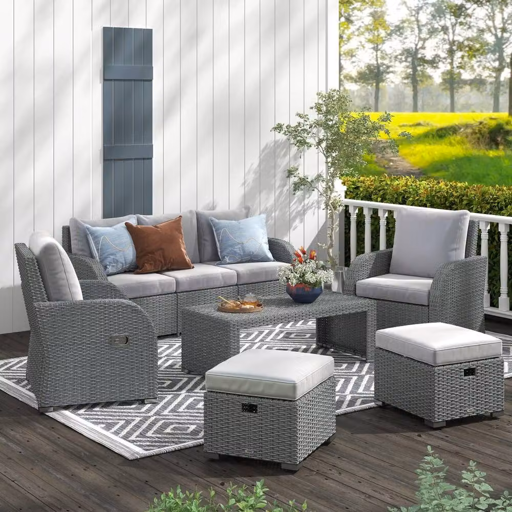 Wyld Haus Tanette 6 Piece Rattan Outdoor Sofa Set in Light Grey with 2 Reclining Chairs – 3