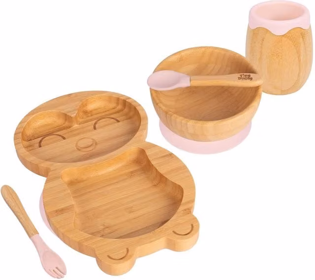 Tiny Dining 5pc Bamboo and Silicone Penguin Baby Weaning Set in Pink